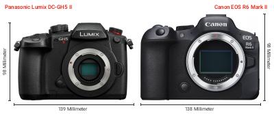 Größenvergleich: Panasonic Lumix DC-GH5 II vs. Canon EOS R6 Mark II Größenvergleich: Panasonic Lumix DC-GH5 II vs. Canon EOS R6 Mark II