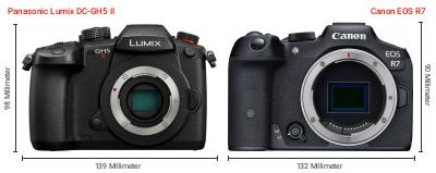Größenvergleich: Panasonic Lumix DC-GH5 II vs. Canon EOS R7 Größenvergleich: Panasonic Lumix DC-GH5 II vs. Canon EOS R7
