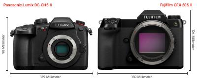 Größenvergleich: Panasonic Lumix DC-GH5 II vs. Fujifilm GFX 50S II Größenvergleich: Panasonic Lumix DC-GH5 II vs. Fujifilm GFX 50S II