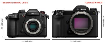 Größenvergleich: Panasonic Lumix DC-GH5 II vs. Fujifilm GFX100S II Größenvergleich: Panasonic Lumix DC-GH5 II vs. Fujifilm GFX100S II