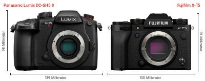 Größenvergleich: Panasonic Lumix DC-GH5 II vs. Fujifilm X-T5 Größenvergleich: Panasonic Lumix DC-GH5 II vs. Fujifilm X-T5