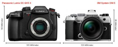 Größenvergleich: Panasonic Lumix DC-GH5 II vs. OM System OM-5 Größenvergleich: Panasonic Lumix DC-GH5 II vs. OM System OM-5