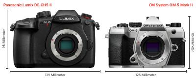 Größenvergleich: Panasonic Lumix DC-GH5 II vs. OM System OM-5 Mark II Größenvergleich: Panasonic Lumix DC-GH5 II vs. OM System OM-5 Mark II
