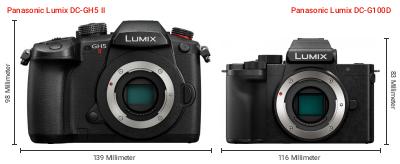 Größenvergleich: Panasonic Lumix DC-GH5 II vs. Panasonic Lumix DC-G100D Größenvergleich: Panasonic Lumix DC-GH5 II vs. Panasonic Lumix DC-G100D