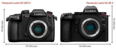 Größenvergleich: Panasonic Lumix DC-GH5 II vs. Panasonic Lumix DC-G9 II Größenvergleich: Panasonic Lumix DC-GH5 II vs. Panasonic Lumix DC-G9 II