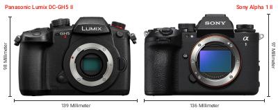 Größenvergleich: Panasonic Lumix DC-GH5 II vs. Sony Alpha 1 II Größenvergleich: Panasonic Lumix DC-GH5 II vs. Sony Alpha 1 II