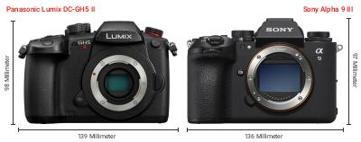 Größenvergleich: Panasonic Lumix DC-GH5 II vs. Sony Alpha 9 III Größenvergleich: Panasonic Lumix DC-GH5 II vs. Sony Alpha 9 III