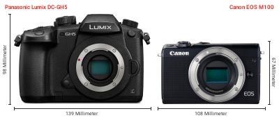 Größenvergleich: Panasonic Lumix DC-GH5 vs. Canon EOS M100 Größenvergleich: Panasonic Lumix DC-GH5 vs. Canon EOS M100