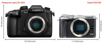 Größenvergleich: Panasonic Lumix DC-GH5 vs. Canon EOS M6 Größenvergleich: Panasonic Lumix DC-GH5 vs. Canon EOS M6