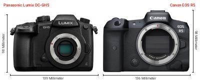 Größenvergleich: Panasonic Lumix DC-GH5 vs. Canon EOS R5 Größenvergleich: Panasonic Lumix DC-GH5 vs. Canon EOS R5