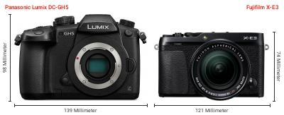 Größenvergleich: Panasonic Lumix DC-GH5 vs. Fujifilm X-E3 Größenvergleich: Panasonic Lumix DC-GH5 vs. Fujifilm X-E3