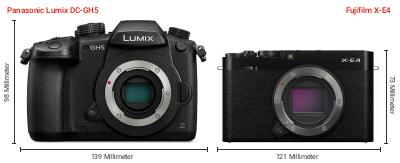 Größenvergleich: Panasonic Lumix DC-GH5 vs. Fujifilm X-E4 Größenvergleich: Panasonic Lumix DC-GH5 vs. Fujifilm X-E4