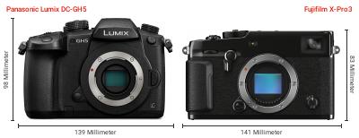 Größenvergleich: Panasonic Lumix DC-GH5 vs. Fujifilm X-Pro3 Größenvergleich: Panasonic Lumix DC-GH5 vs. Fujifilm X-Pro3