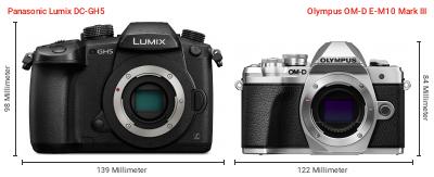 Größenvergleich: Panasonic Lumix DC-GH5 vs. OM System OM-D E-M10 Mark III Größenvergleich: Panasonic Lumix DC-GH5 vs. OM System OM-D E-M10 Mark III