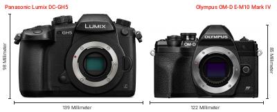 Größenvergleich: Panasonic Lumix DC-GH5 vs. OM System OM-D E-M10 Mark IV