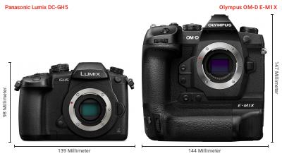 Größenvergleich: Panasonic Lumix DC-GH5 vs. OM System OM-D E-M1X Größenvergleich: Panasonic Lumix DC-GH5 vs. OM System OM-D E-M1X