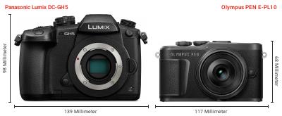 Größenvergleich: Panasonic Lumix DC-GH5 vs. OM System PEN E-PL10 Größenvergleich: Panasonic Lumix DC-GH5 vs. OM System PEN E-PL10