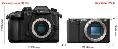 Größenvergleich: Panasonic Lumix DC-GH5 vs. Sony Alpha ZV-E10 Größenvergleich: Panasonic Lumix DC-GH5 vs. Sony Alpha ZV-E10