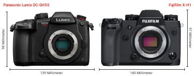 Größenvergleich: Panasonic Lumix DC-GH5S vs. Fujifilm X-H1 Größenvergleich: Panasonic Lumix DC-GH5S vs. Fujifilm X-H1