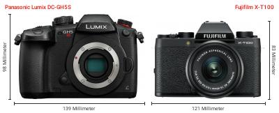Größenvergleich: Panasonic Lumix DC-GH5S vs. Fujifilm X-T100 Größenvergleich: Panasonic Lumix DC-GH5S vs. Fujifilm X-T100