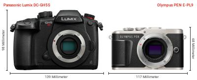 Größenvergleich: Panasonic Lumix DC-GH5S vs. OM System PEN E-PL9 Größenvergleich: Panasonic Lumix DC-GH5S vs. OM System PEN E-PL9