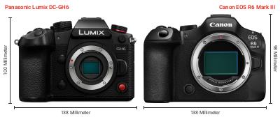 Größenvergleich: Panasonic Lumix DC-GH6 vs. Canon EOS R6 Mark III Größenvergleich: Panasonic Lumix DC-GH6 vs. Canon EOS R6 Mark III