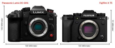 Größenvergleich: Panasonic Lumix DC-GH6 vs. Fujifilm X-T5 Größenvergleich: Panasonic Lumix DC-GH6 vs. Fujifilm X-T5
