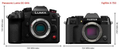 Größenvergleich: Panasonic Lumix DC-GH6 vs. Fujifilm X-T50 Größenvergleich: Panasonic Lumix DC-GH6 vs. Fujifilm X-T50