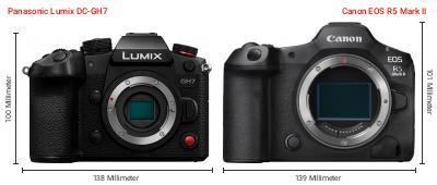 Größenvergleich: Panasonic Lumix DC-GH7 vs. Canon EOS R5 Mark II Größenvergleich: Panasonic Lumix DC-GH7 vs. Canon EOS R5 Mark II