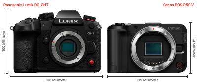Größenvergleich: Panasonic Lumix DC-GH7 vs. Canon EOS R50 V Größenvergleich: Panasonic Lumix DC-GH7 vs. Canon EOS R50 V