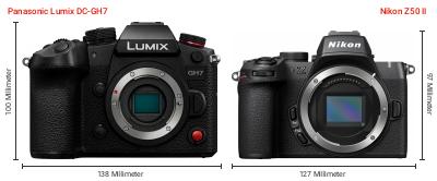 Größenvergleich: Panasonic Lumix DC-GH7 vs. Nikon Z50 II Größenvergleich: Panasonic Lumix DC-GH7 vs. Nikon Z50 II