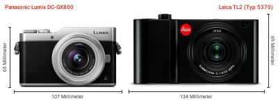Größenvergleich: Panasonic Lumix DC-GX800 vs. Leica TL2 (Typ 5370) Größenvergleich: Panasonic Lumix DC-GX800 vs. Leica TL2 (Typ 5370)
