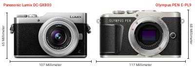 Größenvergleich: Panasonic Lumix DC-GX800 vs. OM System PEN E-PL9 Größenvergleich: Panasonic Lumix DC-GX800 vs. OM System PEN E-PL9