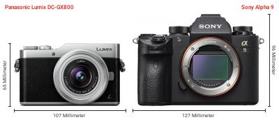 Größenvergleich: Panasonic Lumix DC-GX800 vs. Sony Alpha 9 Größenvergleich: Panasonic Lumix DC-GX800 vs. Sony Alpha 9