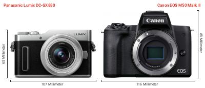 Größenvergleich: Panasonic Lumix DC-GX880 vs. Canon EOS M50 Mark II Größenvergleich: Panasonic Lumix DC-GX880 vs. Canon EOS M50 Mark II