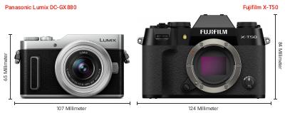 Größenvergleich: Panasonic Lumix DC-GX880 vs. Fujifilm X-T50