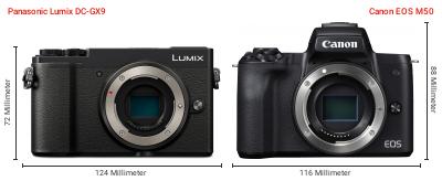 Größenvergleich: Panasonic Lumix DC-GX9 vs. Canon EOS M50 Größenvergleich: Panasonic Lumix DC-GX9 vs. Canon EOS M50