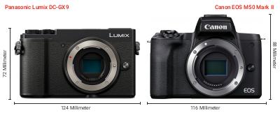 Größenvergleich: Panasonic Lumix DC-GX9 vs. Canon EOS M50 Mark II Größenvergleich: Panasonic Lumix DC-GX9 vs. Canon EOS M50 Mark II