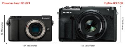 Größenvergleich: Panasonic Lumix DC-GX9 vs. Fujifilm GFX 50R Größenvergleich: Panasonic Lumix DC-GX9 vs. Fujifilm GFX 50R