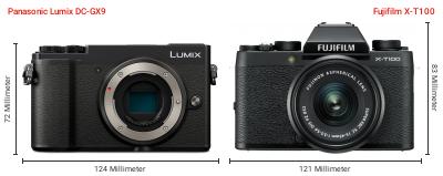 Größenvergleich: Panasonic Lumix DC-GX9 vs. Fujifilm X-T100 Größenvergleich: Panasonic Lumix DC-GX9 vs. Fujifilm X-T100