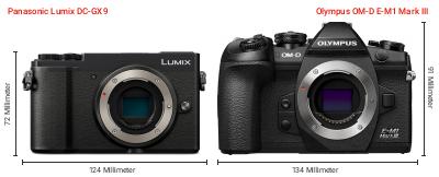 Größenvergleich: Panasonic Lumix DC-GX9 vs. OM System OM-D E-M1 Mark III Größenvergleich: Panasonic Lumix DC-GX9 vs. OM System OM-D E-M1 Mark III