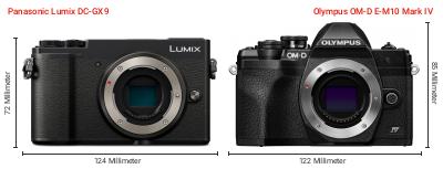Größenvergleich: Panasonic Lumix DC-GX9 vs. OM System OM-D E-M10 Mark IV Größenvergleich: Panasonic Lumix DC-GX9 vs. OM System OM-D E-M10 Mark IV
