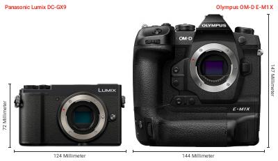 Größenvergleich: Panasonic Lumix DC-GX9 vs. OM System OM-D E-M1X Größenvergleich: Panasonic Lumix DC-GX9 vs. OM System OM-D E-M1X