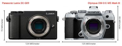 Größenvergleich: Panasonic Lumix DC-GX9 vs. OM System OM-D E-M5 Mark III Größenvergleich: Panasonic Lumix DC-GX9 vs. OM System OM-D E-M5 Mark III