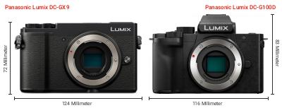 Größenvergleich: Panasonic Lumix DC-GX9 vs. Panasonic Lumix DC-G100D Größenvergleich: Panasonic Lumix DC-GX9 vs. Panasonic Lumix DC-G100D