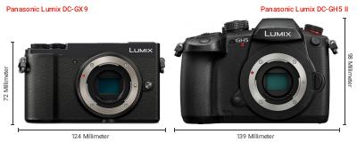 Größenvergleich: Panasonic Lumix DC-GX9 vs. Panasonic Lumix DC-GH5 II Größenvergleich: Panasonic Lumix DC-GX9 vs. Panasonic Lumix DC-GH5 II