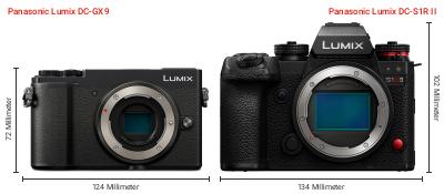 Größenvergleich: Panasonic Lumix DC-GX9 vs. Panasonic Lumix DC-S1R II Größenvergleich: Panasonic Lumix DC-GX9 vs. Panasonic Lumix DC-S1R II