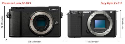 Größenvergleich: Panasonic Lumix DC-GX9 vs. Sony Alpha ZV-E10 Größenvergleich: Panasonic Lumix DC-GX9 vs. Sony Alpha ZV-E10