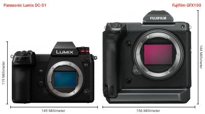 Größenvergleich: Panasonic Lumix DC-S1 vs. Fujifilm GFX100 Größenvergleich: Panasonic Lumix DC-S1 vs. Fujifilm GFX100