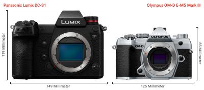 Größenvergleich: Panasonic Lumix DC-S1 vs. OM System OM-D E-M5 Mark III Größenvergleich: Panasonic Lumix DC-S1 vs. OM System OM-D E-M5 Mark III